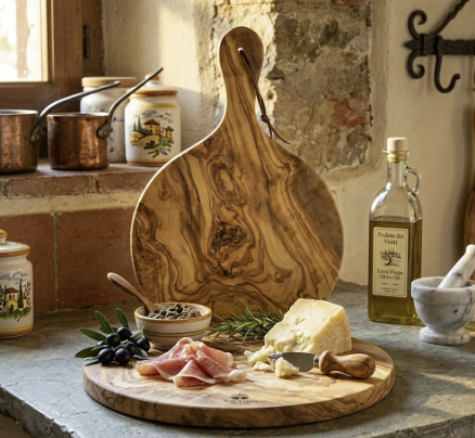 Round Olive Wood Cutting Board with Handle - PASSIONE TOSCANA