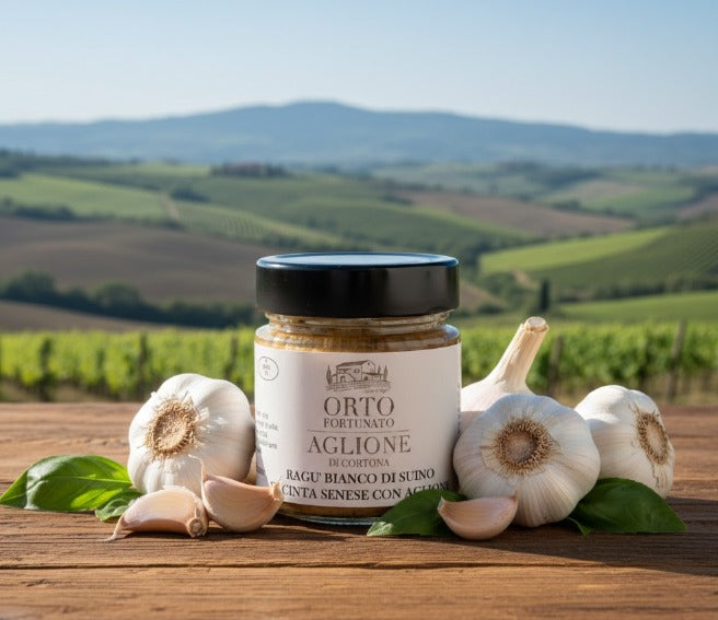 White pork ragù made with Cinta Senese D.O.P. pork and Aglione garlic Orto Fortunato